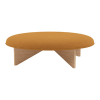 Round coffee table with a mustard yellow upholstered top and natural wood legs, offering a modern minimalist design.