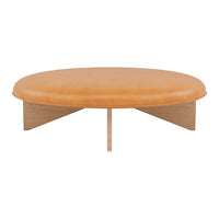 Round leather ottoman in warm caramel color with a natural wood base. Simple, modern design with no visible patterns.