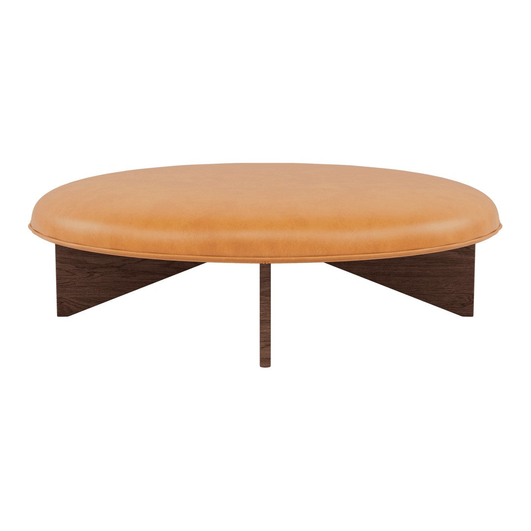Brown leather round ottoman with wooden base, showcasing a smooth texture and warm earthy tones. Perfect for modern decor.
