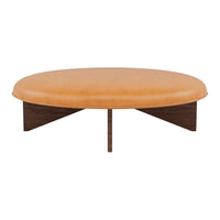 Brown leather round ottoman with wooden base, showcasing a smooth texture and warm earthy tones. Perfect for modern decor.