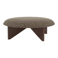 Brown round ottoman with textured fabric and geometric legs, perfect for modern decor.