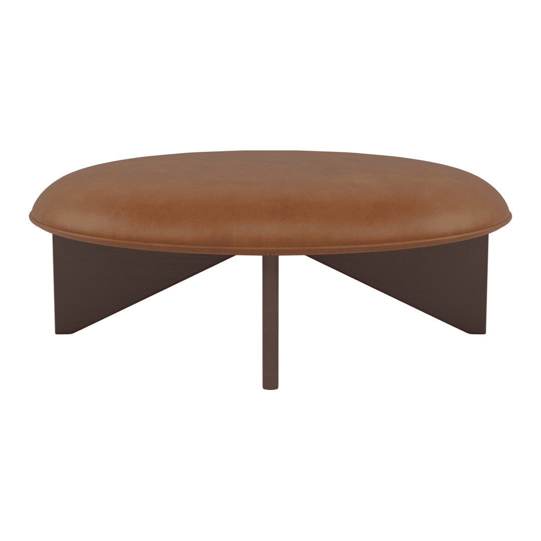 Round brown leather ottoman with a sleek dark brown base and a smooth, minimalist design. Perfect for modern decor.