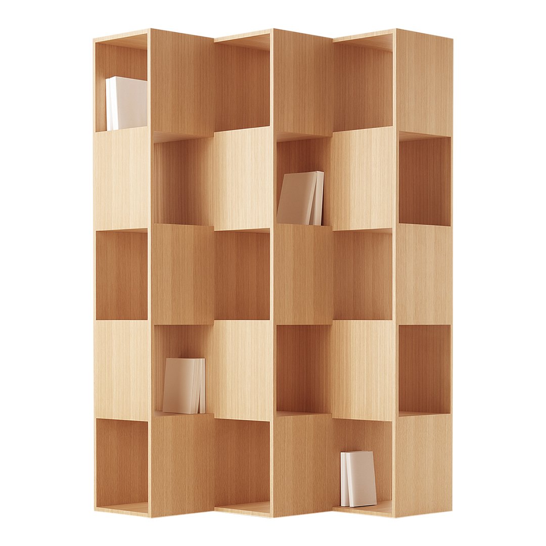 Light wood bookshelf with a contemporary design featuring alternating open and closed compartments.