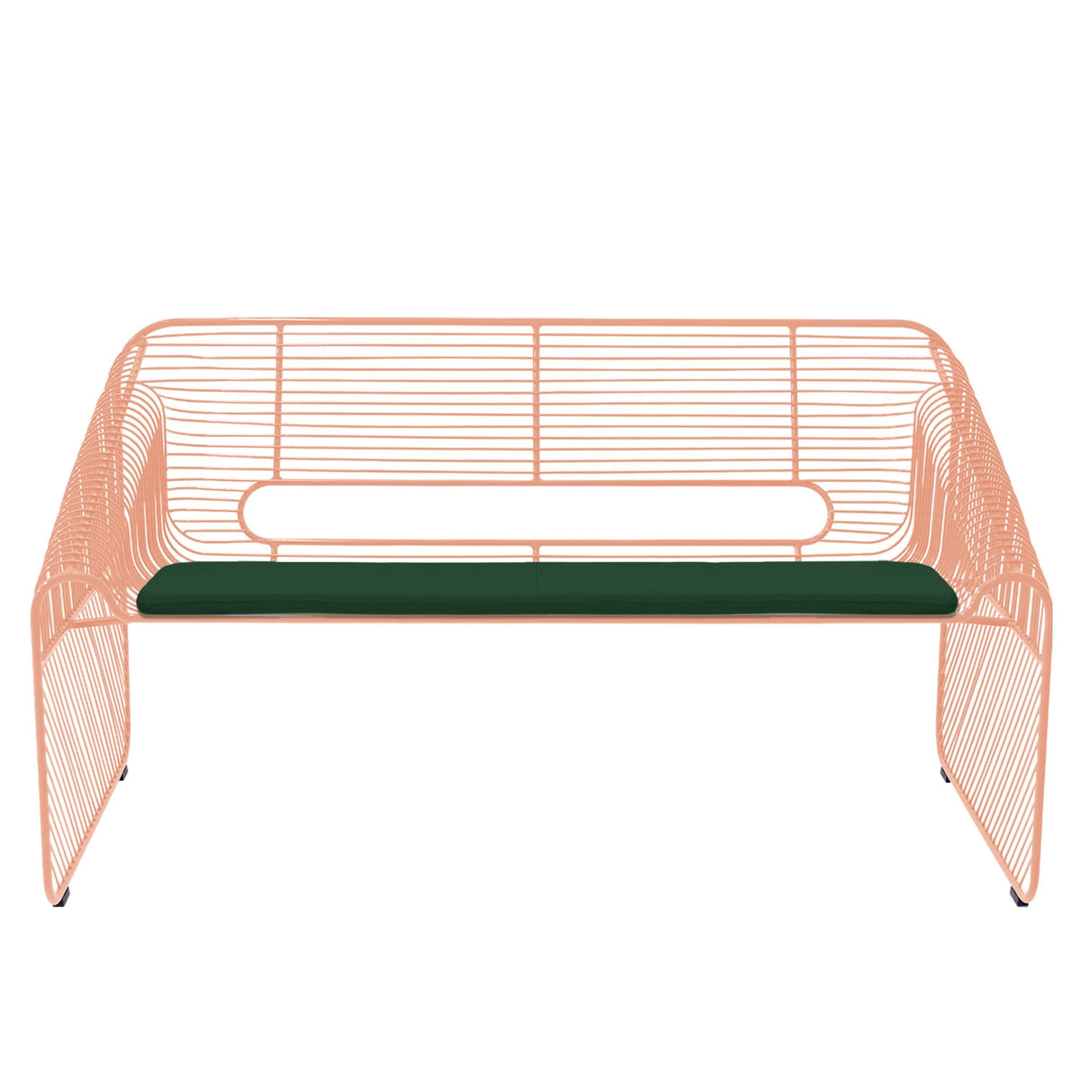Modern bench with an orange wire frame and a deep green upholstered cushion. Perfect for contemporary decor.