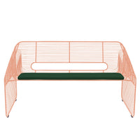Modern bench with an orange wire frame and a deep green upholstered cushion. Perfect for contemporary decor.