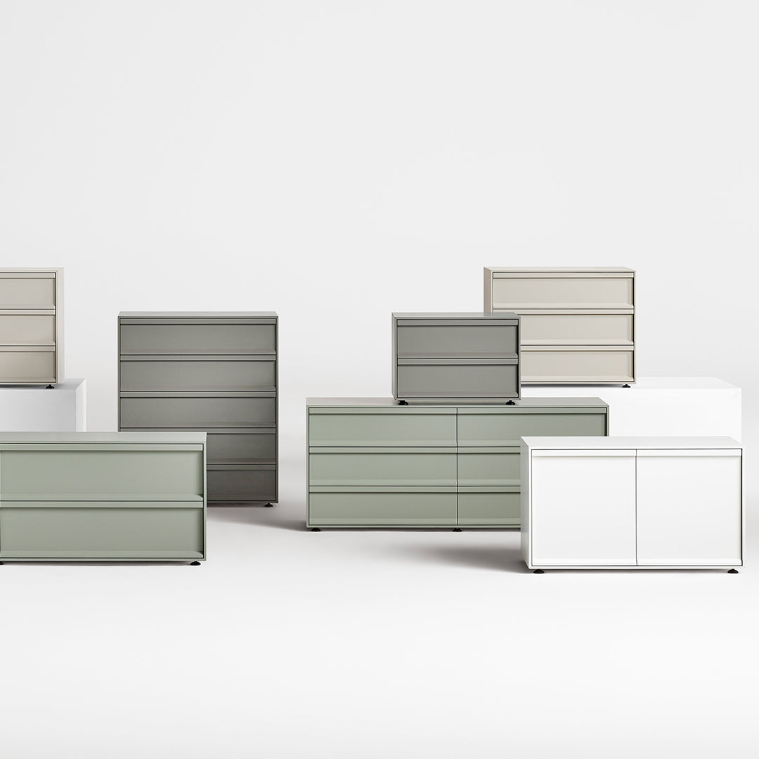 Modern dressers in soft green, gray, beige, and white with sleek, minimalist designs and smooth surfaces.