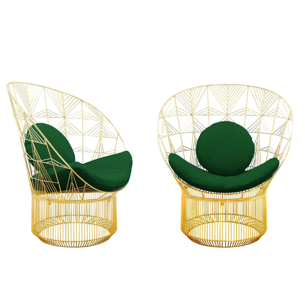 Gold wireframe chairs with vibrant green cushions and circular backrests, showcasing modern geometric patterns.