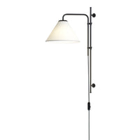 Modern wall lamp featuring a sleek black metal frame and a contrasting white conical shade.