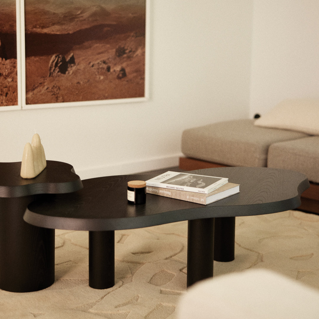Black abstract coffee table with smooth curves, paired with a light beige rug and neutral-toned decor. 