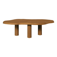 Organic-shaped wooden coffee table in a warm, natural brown finish with smooth, rounded edges.