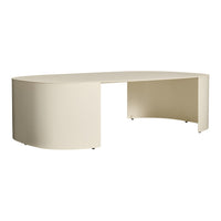Cream-colored, smooth, oval desk with a minimalist design and no visible patterns. Ideal for modern office spaces.