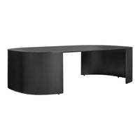 Sleek black curved desk with a smooth matte finish, minimalistic design, perfect for modern office spaces.
