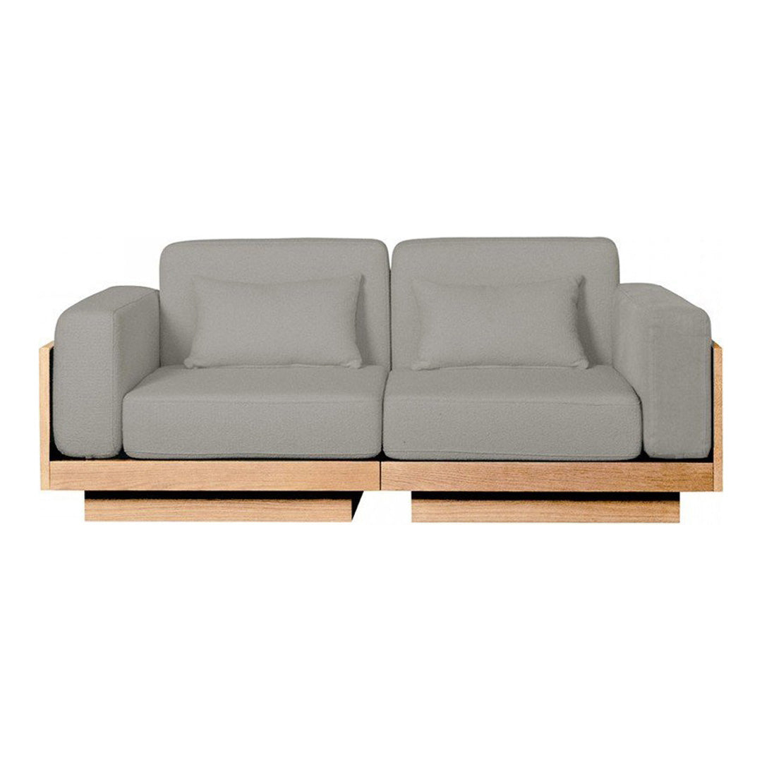 Gray fabric sofa with a minimalistic design and natural wood base. Modern, sleek, and stylish for any living space.