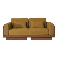 Brown wooden sofa with a mustard yellow upholstered seat and matching throw pillows. Modern and stylish design.