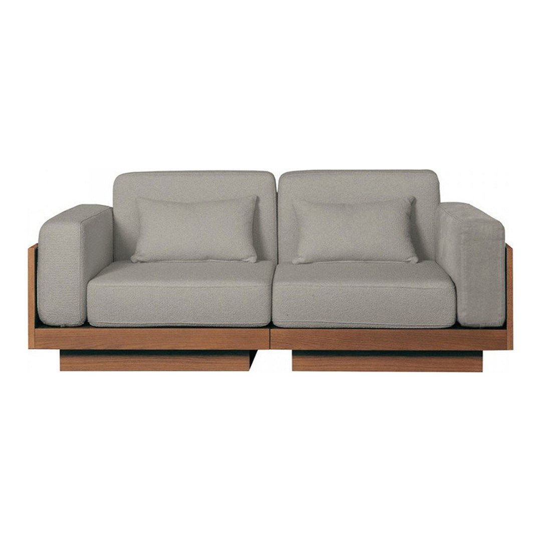 Gray upholstered sofa with a minimalist wooden base and smooth, clean lines. Ideal for modern decor.