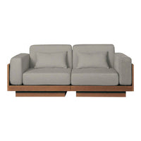 Gray upholstered sofa with a minimalist wooden base and smooth, clean lines. Ideal for modern decor.