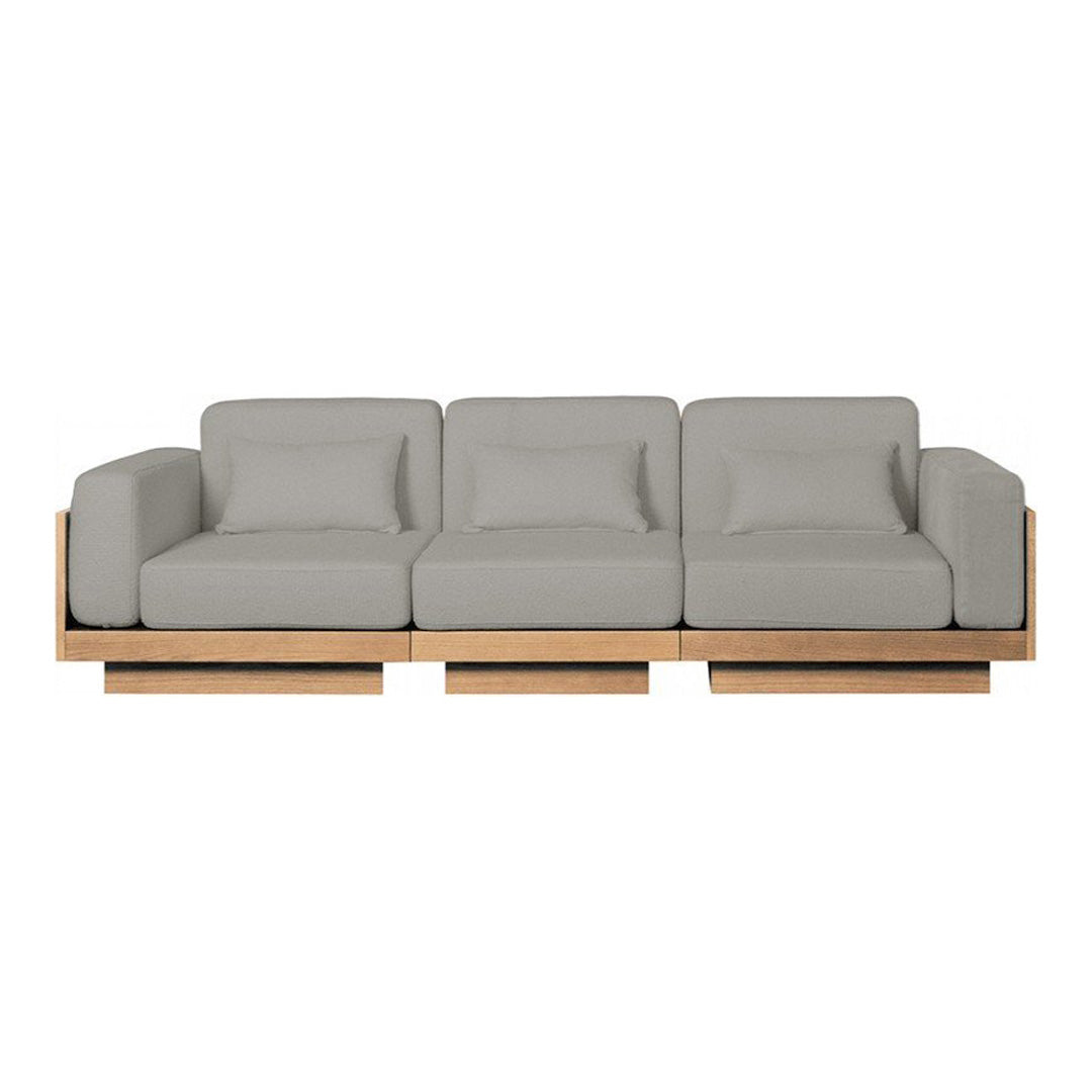 Light gray fabric couch with a minimalist design and natural wood base, featuring clean lines and a modern aesthetic.