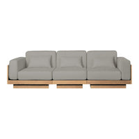 Light gray fabric couch with a minimalist design and natural wood base, featuring clean lines and a modern aesthetic.