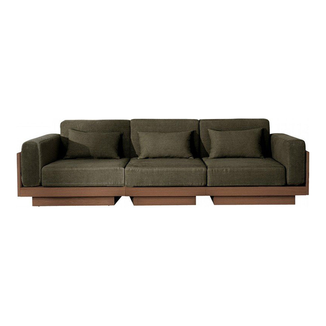 Dark olive green sofa with a smooth fabric texture and wooden base, featuring three plush cushions.