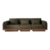 Dark olive green sofa with a smooth fabric texture and wooden base, featuring three plush cushions.