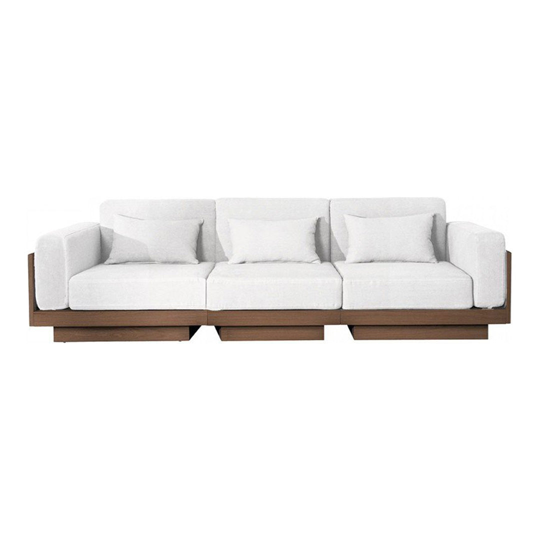 Stylish white sofa with soft cushions and a sleek wooden base, perfect for modern decor.