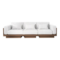 Stylish white sofa with soft cushions and a sleek wooden base, perfect for modern decor.