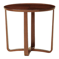 Round wooden side table with a rich brown finish and a minimalist design, featuring smooth curves and elegant lines.