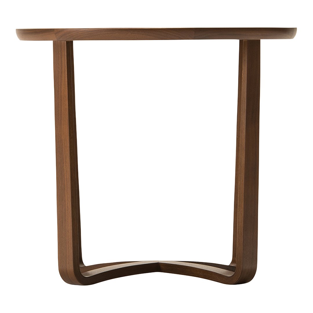 Brown wood side table with smooth, minimalist design and rounded edges. Elegant, contemporary style for modern decor.