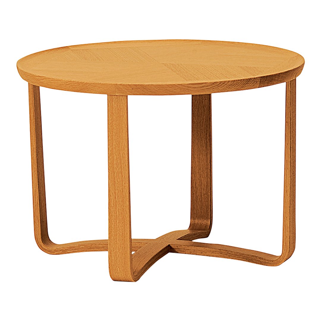 Natural oak round coffee table with smooth wood grain finish and minimalist design.
