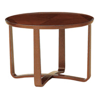 Round wooden coffee table with rich mahogany color and smooth, sleek surface. Elegant curved legs enhance modern aesthetic.