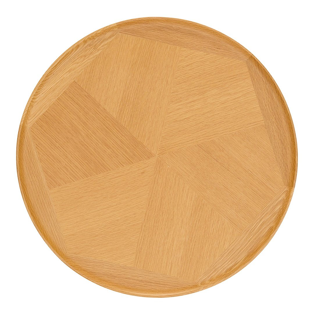 Round wooden tray with a natural light brown finish and a geometric pattern of light and darker wood tones.