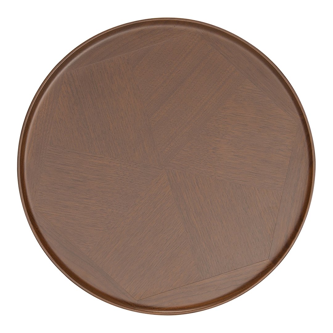 Round wooden tray in a rich brown color with a subtle geometric pattern. Perfect for décor or serving.