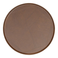Round wooden tray in a rich brown color with a subtle geometric pattern. Perfect for décor or serving.