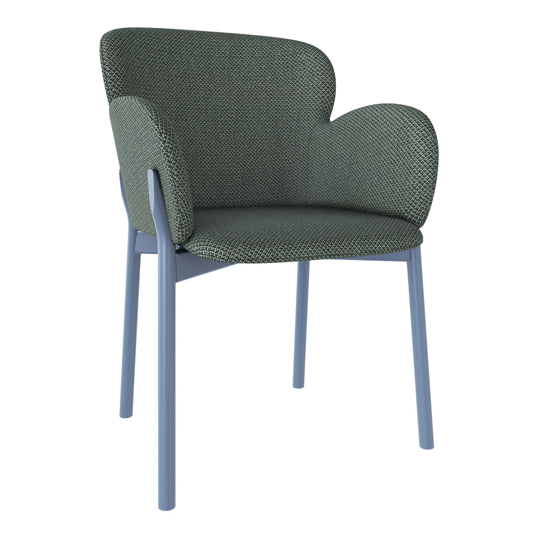 Green textured upholstery with a light blue frame, offering a stylish and modern chair design.