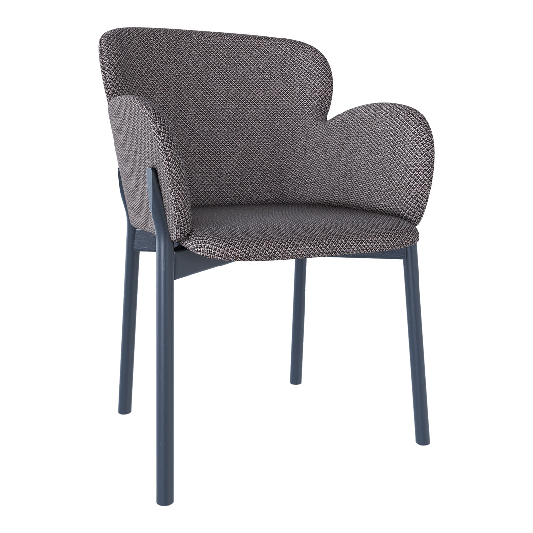 Modern armchair in a textured gray fabric with a minimalist blue frame. Stylish and versatile for any decor.