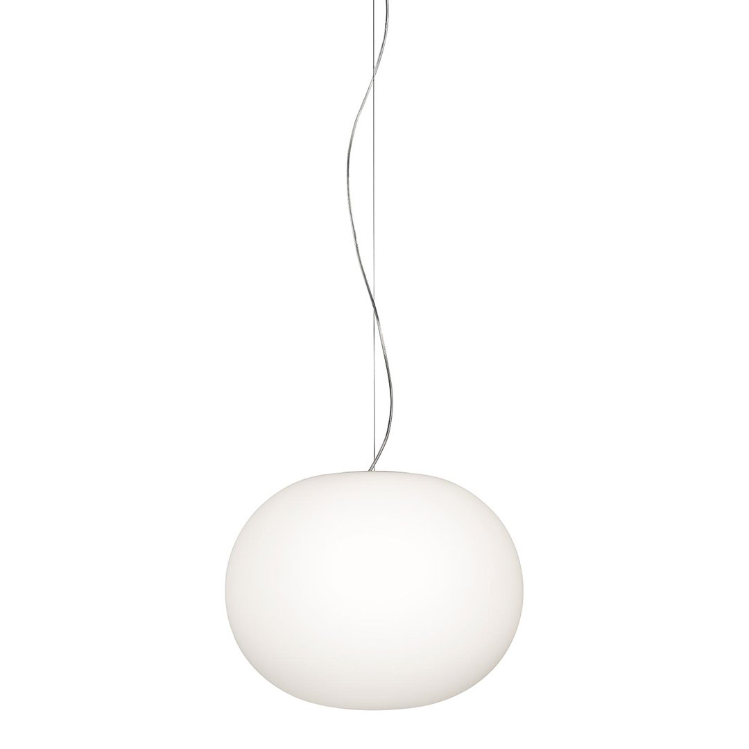White spherical pendant lamp with a smooth, glossy surface and a minimalistic design, ideal for modern decor.