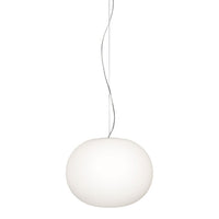 White spherical pendant lamp with a smooth, glossy surface and a minimalistic design, ideal for modern decor.