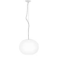 Glossy white pendant lamp with a smooth round shape and sleek silver cable. Modern minimalist design.