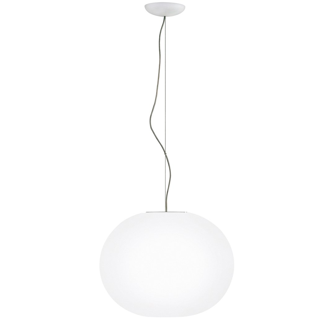 White round pendant light with a smooth, glossy finish and a sleek metallic cord. Perfect for modern decor.