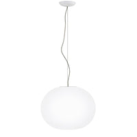 White round pendant light with a smooth, glossy finish and a sleek metallic cord. Perfect for modern decor.
