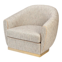 Light beige chair with textured fabric, featuring subtle gray and cream patterns, accented with gold trim.