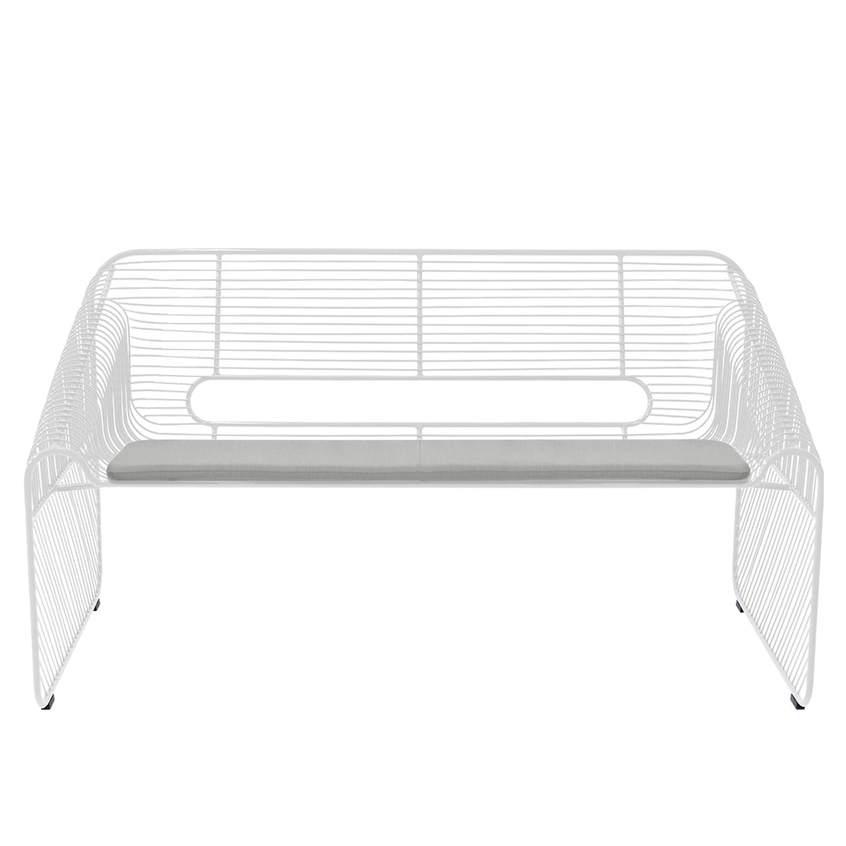 White metal bench with sleek lines and minimalistic design, featuring a smooth gray cushion for comfort.