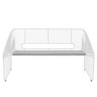 White metal bench with sleek lines and minimalistic design, featuring a smooth gray cushion for comfort.