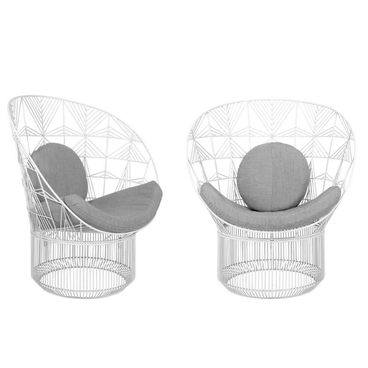 White geometric wire chairs with gray cushions, featuring a modern and stylish design. Perfect for contemporary decor.