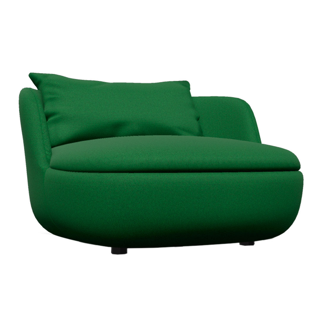 Vibrant green upholstered chair with a smooth, minimalist design and plush cushion. Perfect for modern decor.