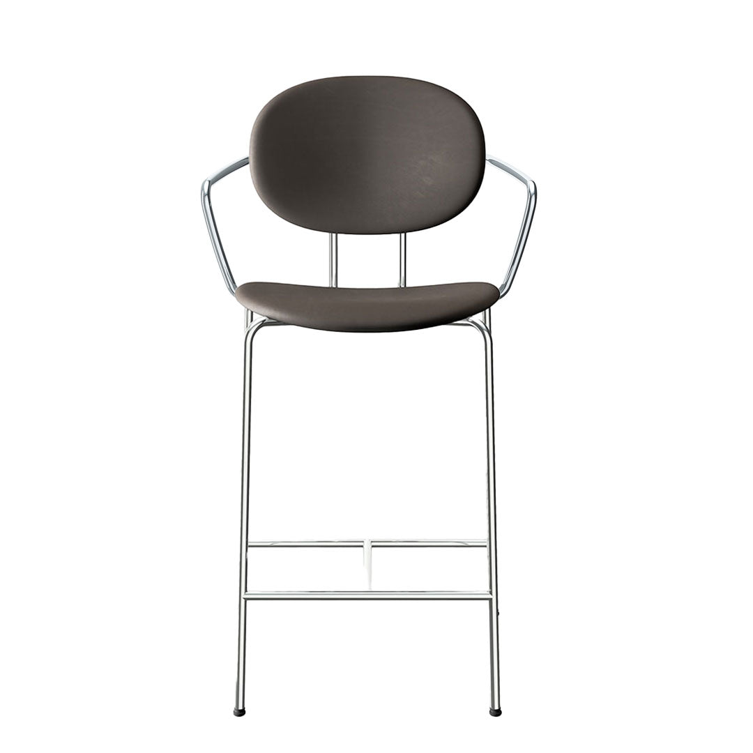 Brown upholstered bar stool with sleek chrome legs, featuring a smooth, minimalist design. Perfect for modern decor.