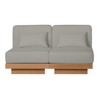 Light grey upholstered loveseat with clean lines and wooden base, featuring a minimalist design and two matching cushions.