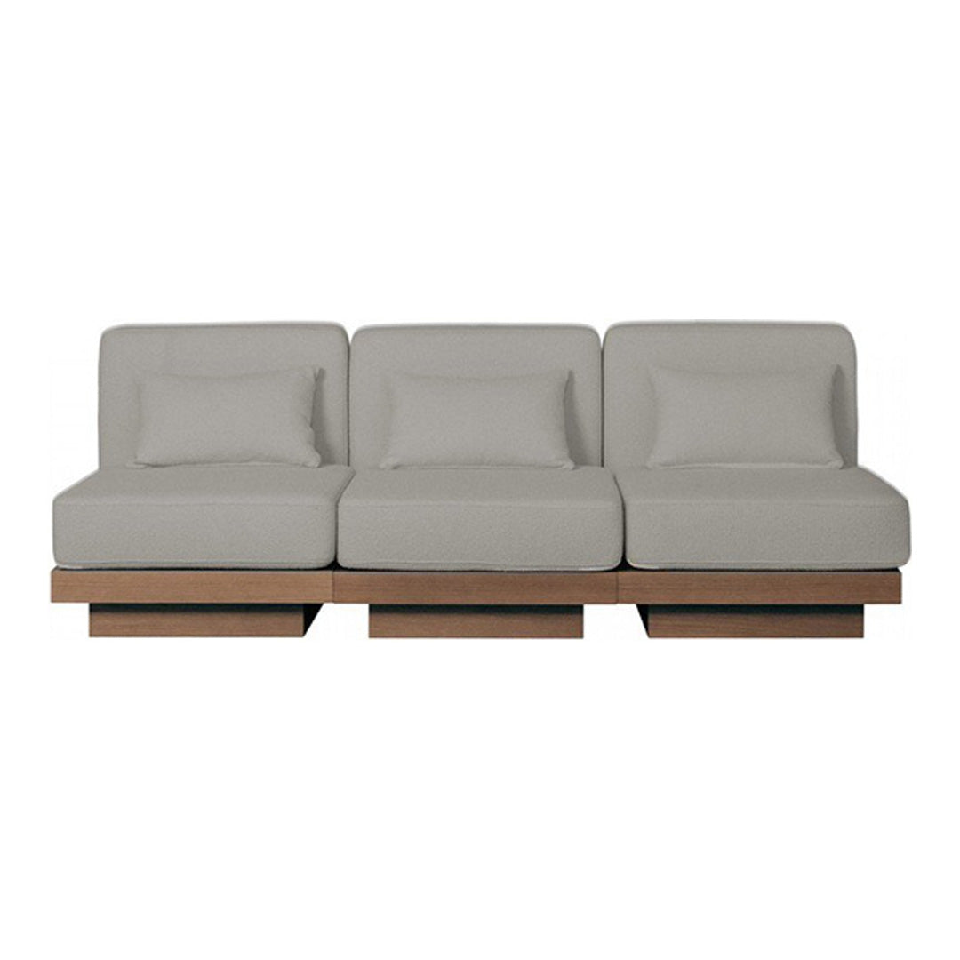 Gray modern sofa with three plush cushions and a natural wood base for a sleek, minimalist look.
