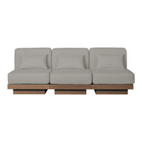 Gray modern sofa with three plush cushions and a natural wood base for a sleek, minimalist look.