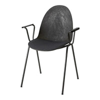 Black molded chair with a smooth finish and matte texture, featuring minimalist black metal arms and legs.